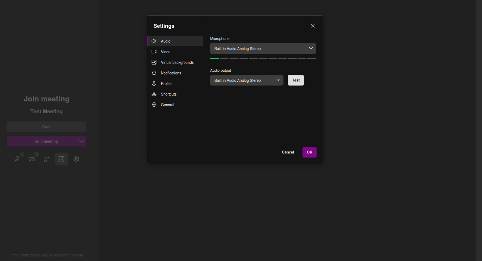 Audio device settings dialog
